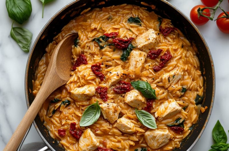 An overhead of one-pan marry me chicken orzo with sun-dried tomatoes and spinach in a skillet.
