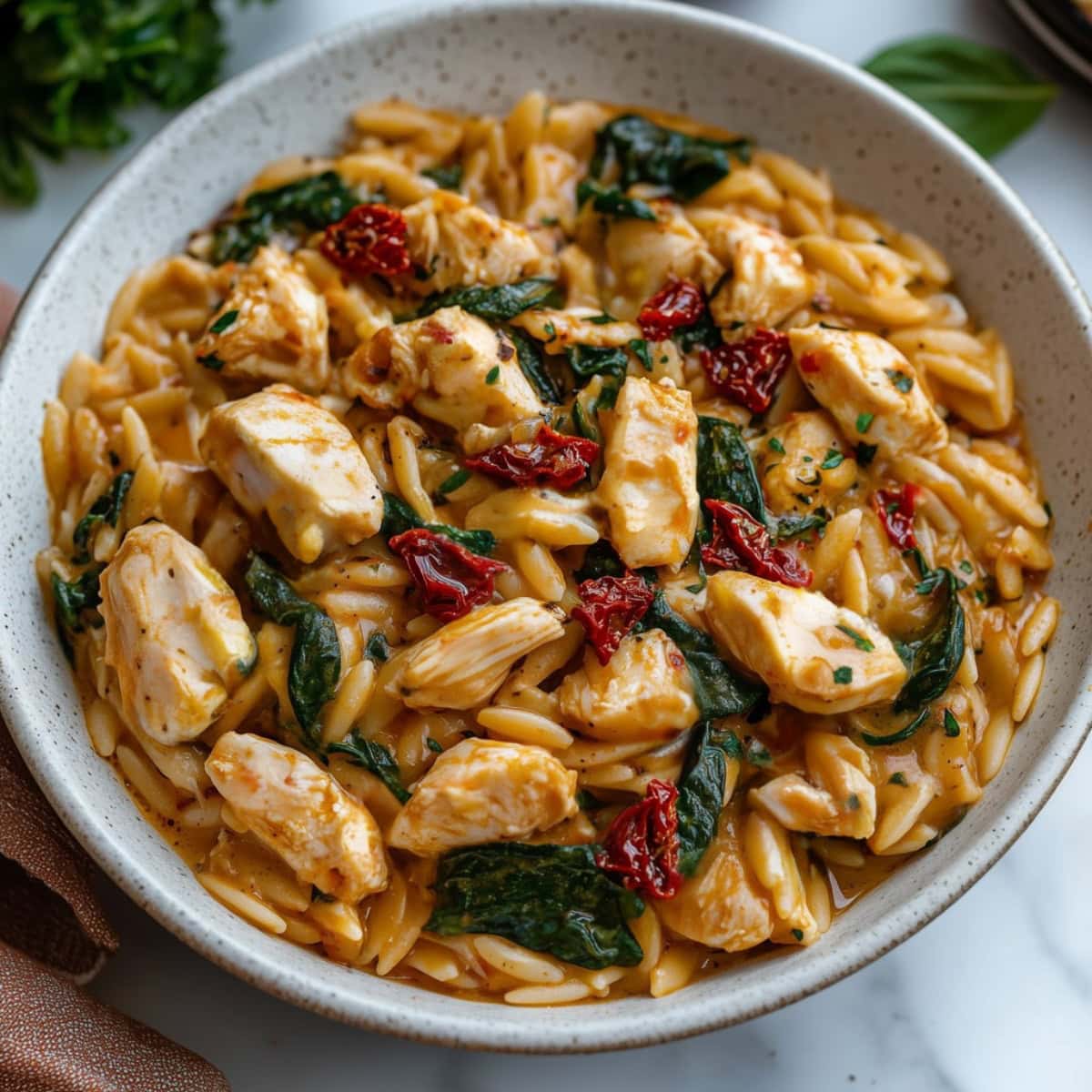 A bowl of orzo and chicken in creamy sauce with spinach and sun-dried tomatoes