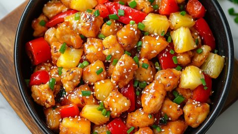An overhead of Panda Express sweet fire chicken with pineapple chunks and bell peppers in a black bowl.