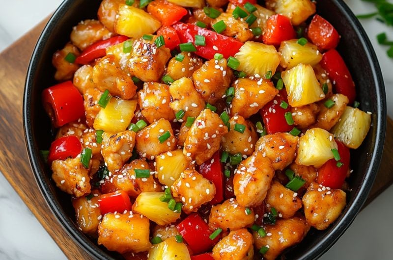 An overhead of Panda Express sweet fire chicken with pineapple chunks and bell peppers in a black bowl.