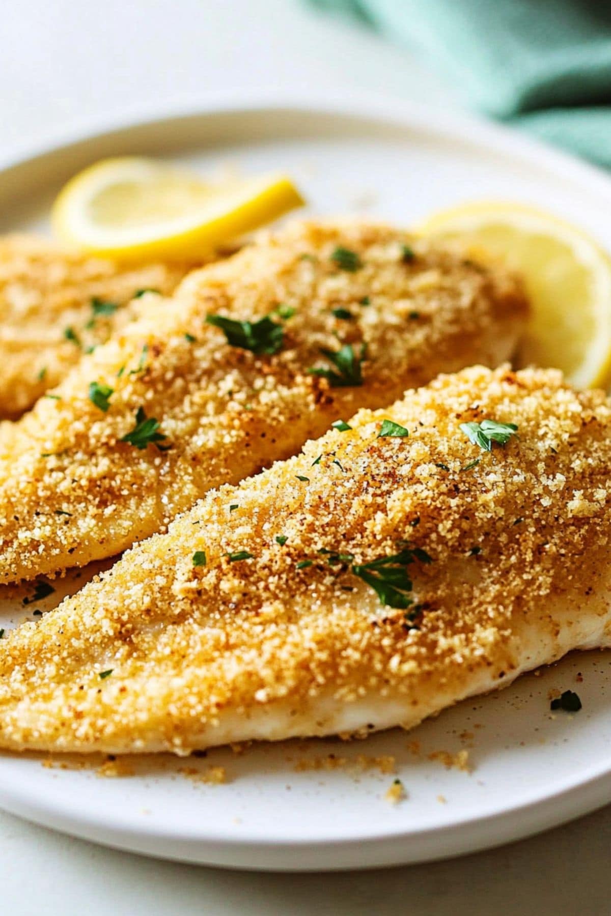 Breaded baked tilapia fillet served in a white plate with slices of lemon garnish.
