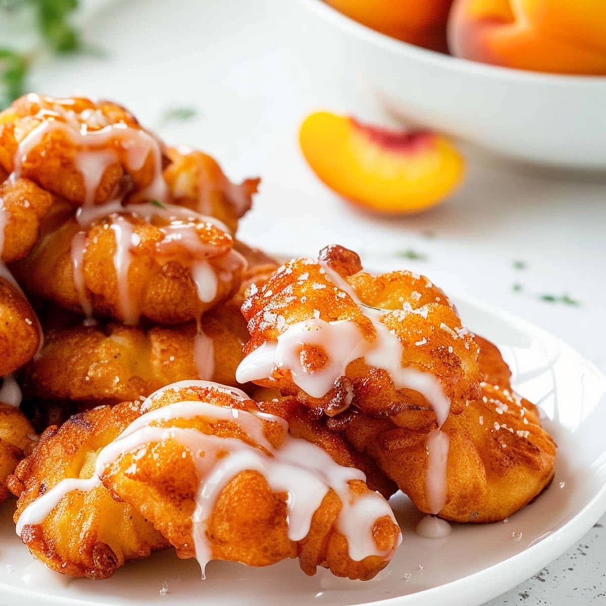 Bunch of golden brown peach fritters arranged in a plate drizzled with sugar glaze.