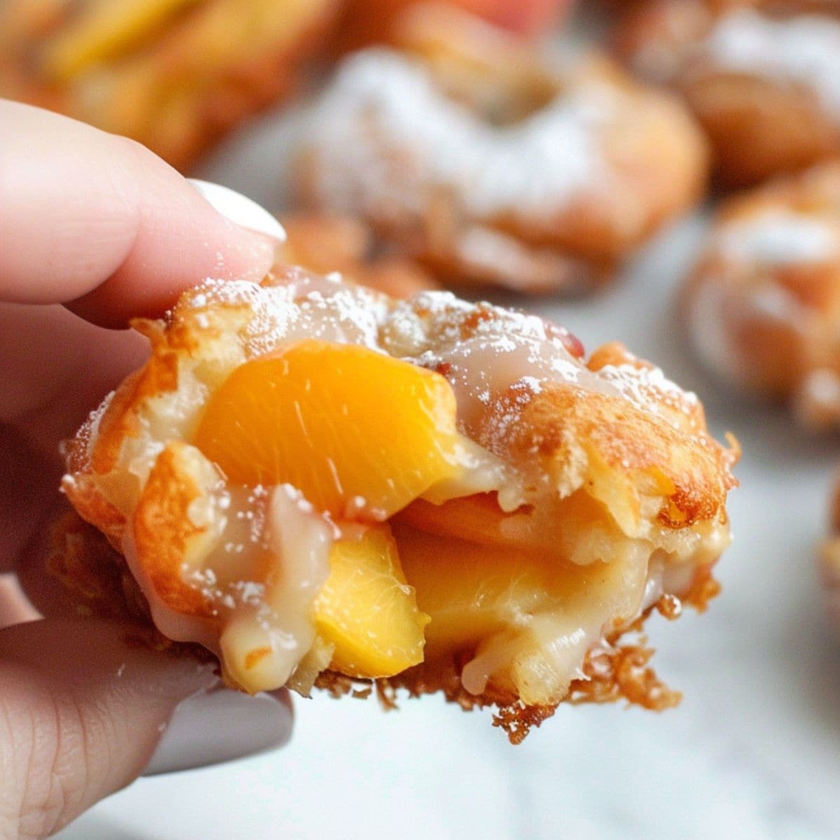Hand holding a piece of peach fritter with chunky peaches inside.