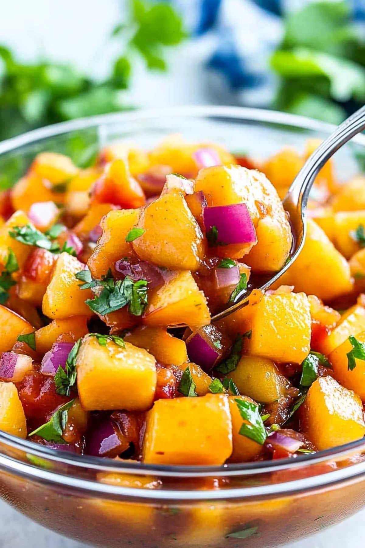 Spoon scooping a serving portion of peach salsa from a glass bowl.