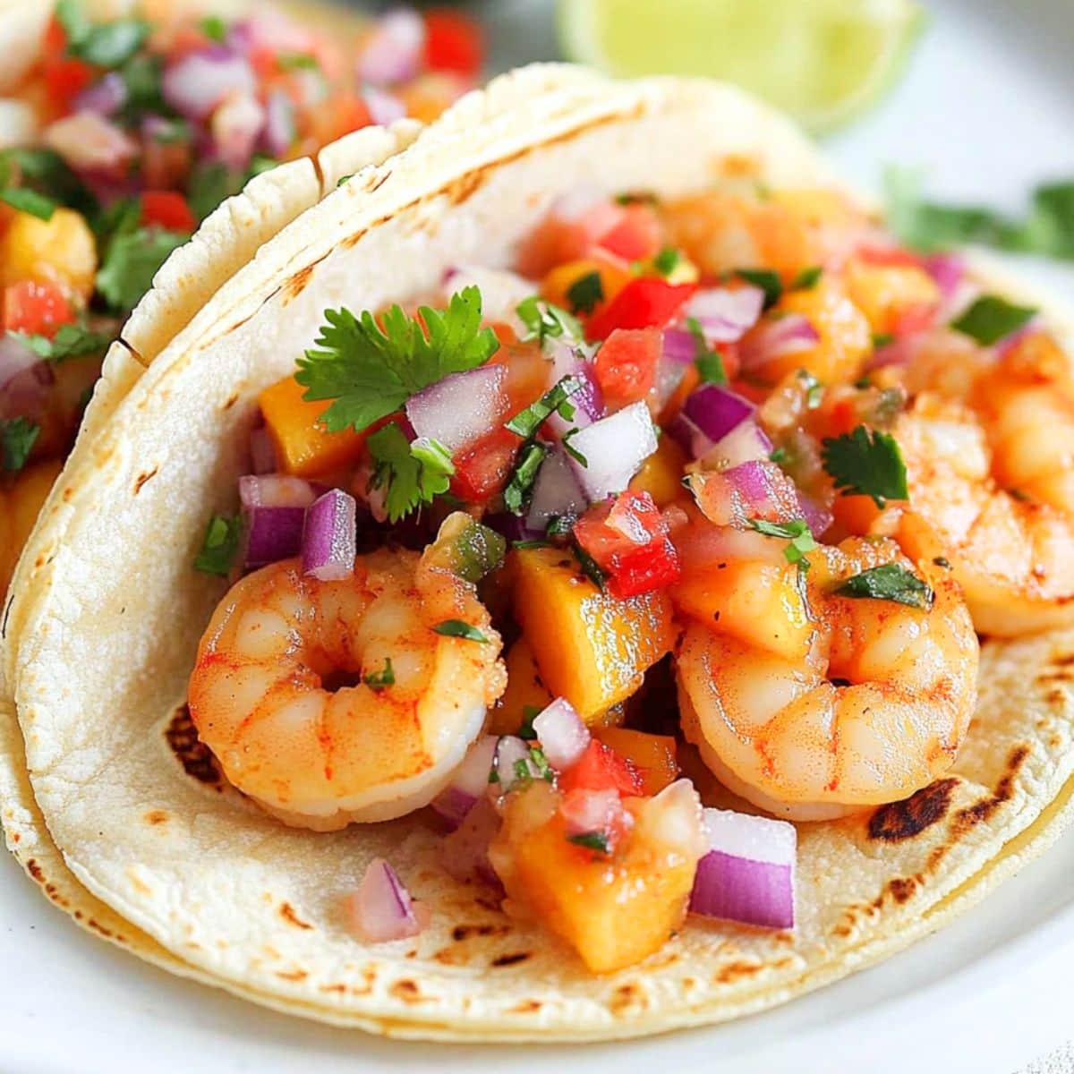 Shrimp tacos with peach salsa and chopped parsley.