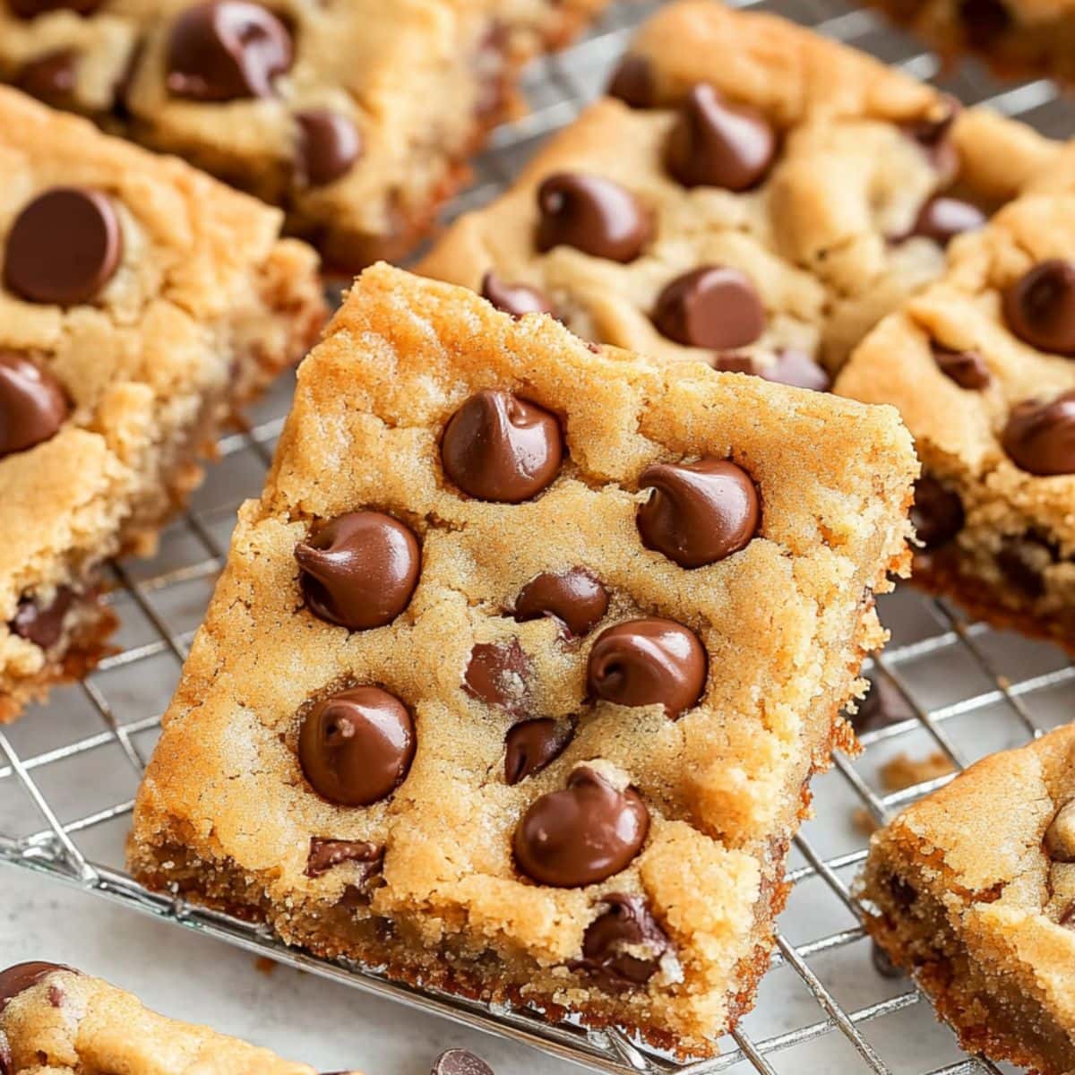 Square slices of peanut butter chocolate chip cookie sitting on a cooling rack.