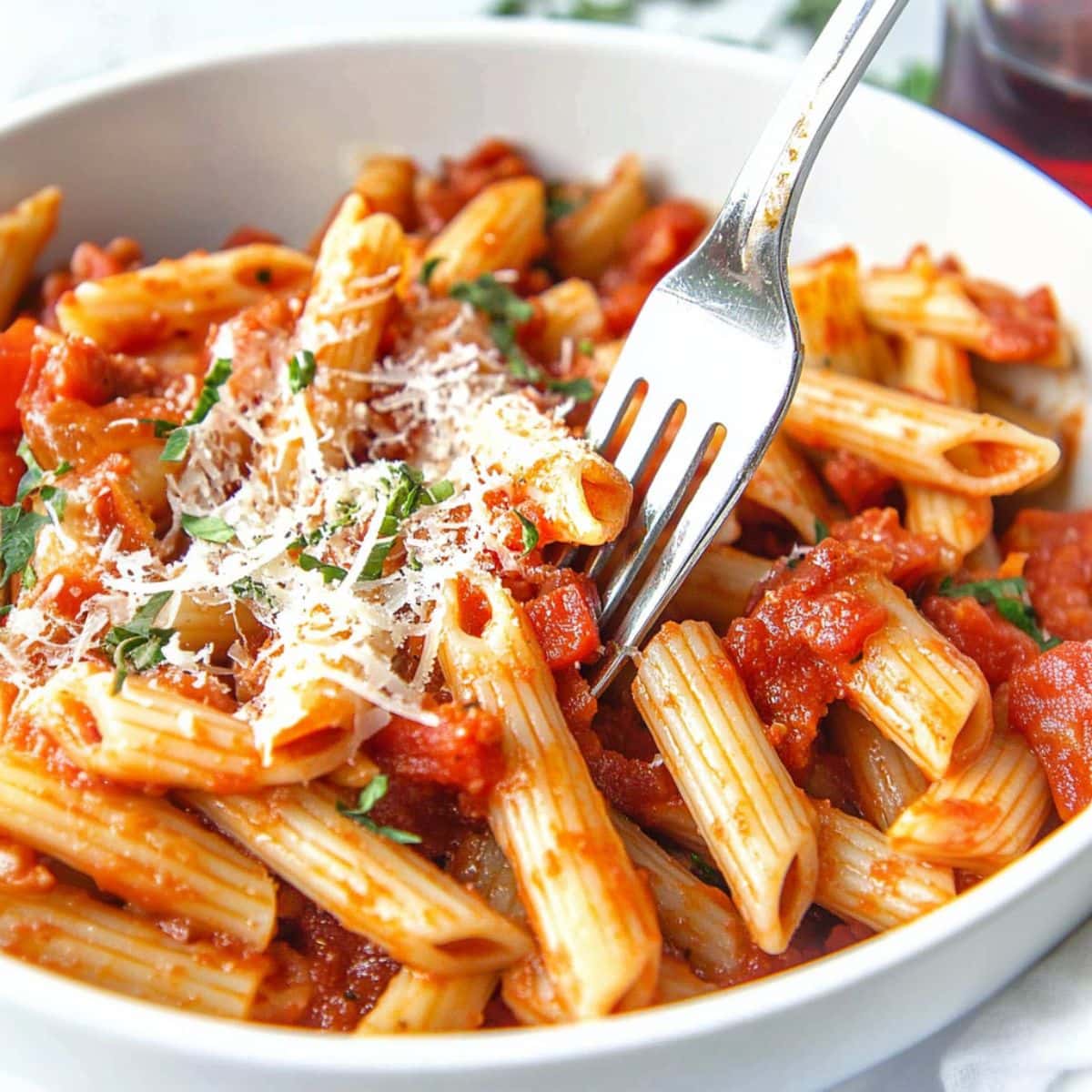 Fork digging into a white bowl with a serving of penned arrabbiatta garnished with grated parmesan cheese on top.