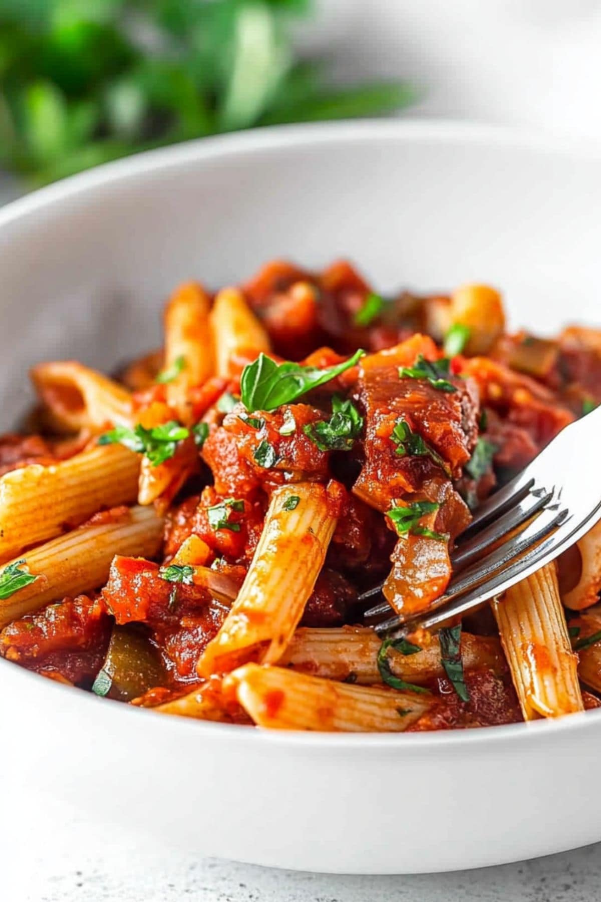 A serving of penne arrabbiatta pasta with crushed tomatoes and spices served in a white bowl.