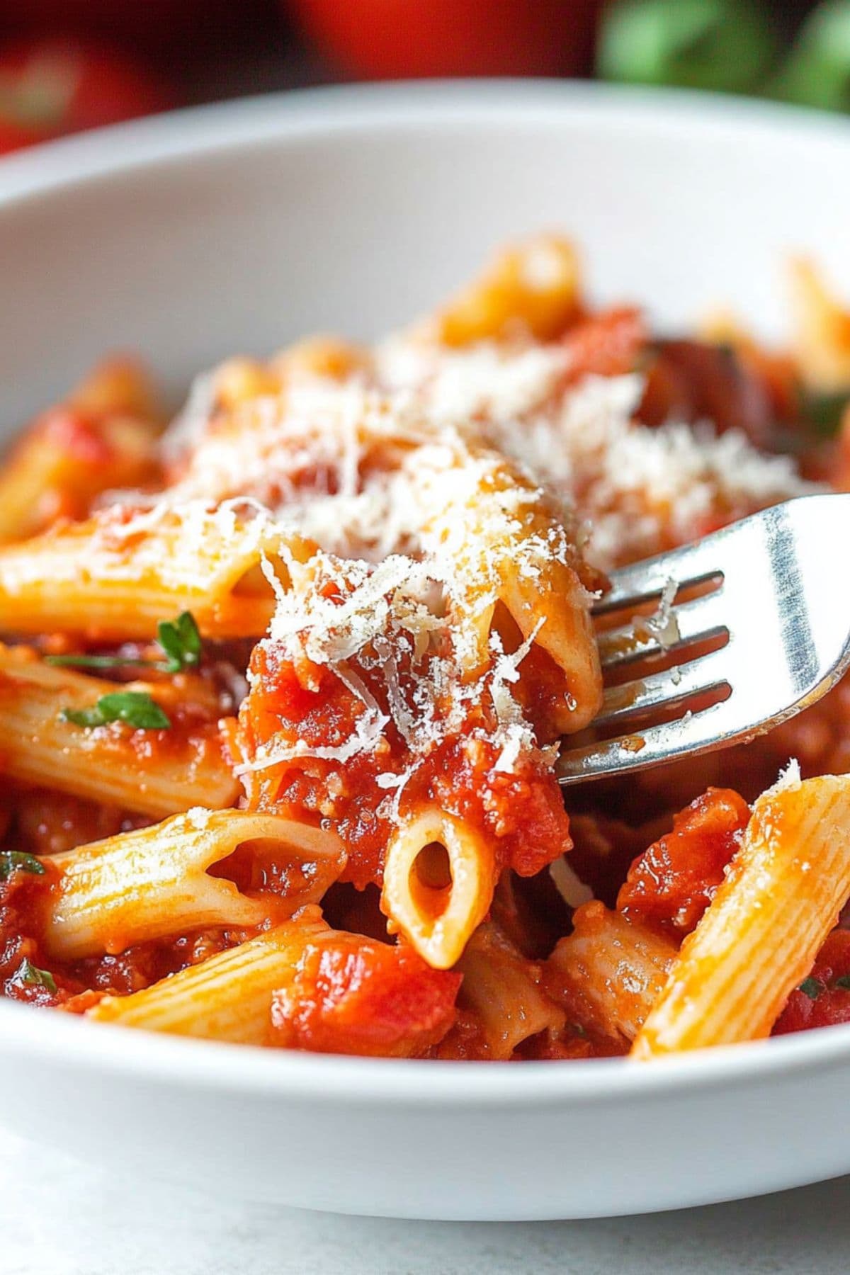 Fork digging into a serving of penne arrabbiatta pasta served in a white bowl with grated parmesan cheese on top.