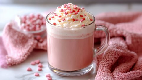 Comforting pink hot chocolate with a sprinkle of edible candy and whipped cream topping.