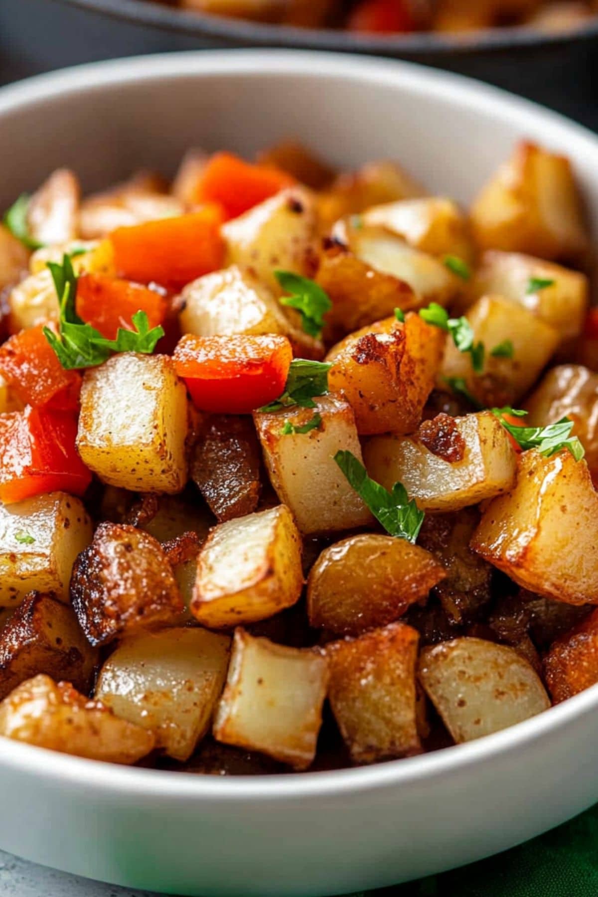 A serving of Potatoes O'Brien in a white bowl, close up