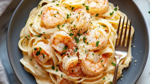 An overhead view of Red Lobster shrimp linguini alfredo with fork on the side.