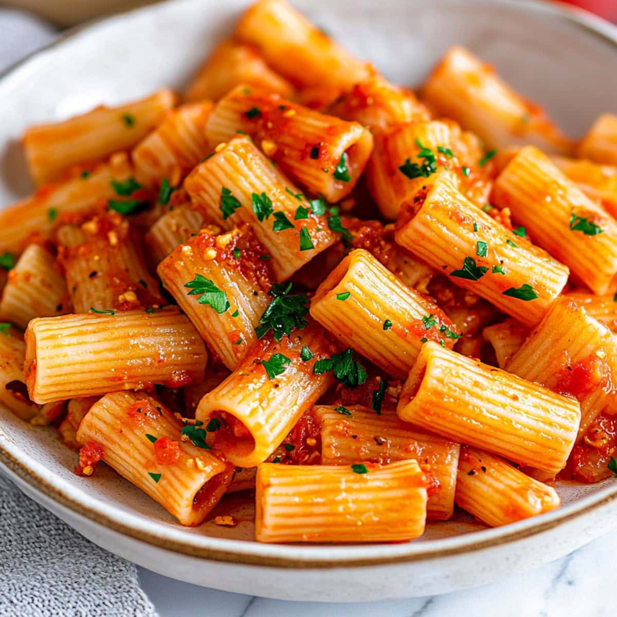 Spicy homemade rigatoni arrabbiata with chopped parsley and red pepper flakes in a bowl.