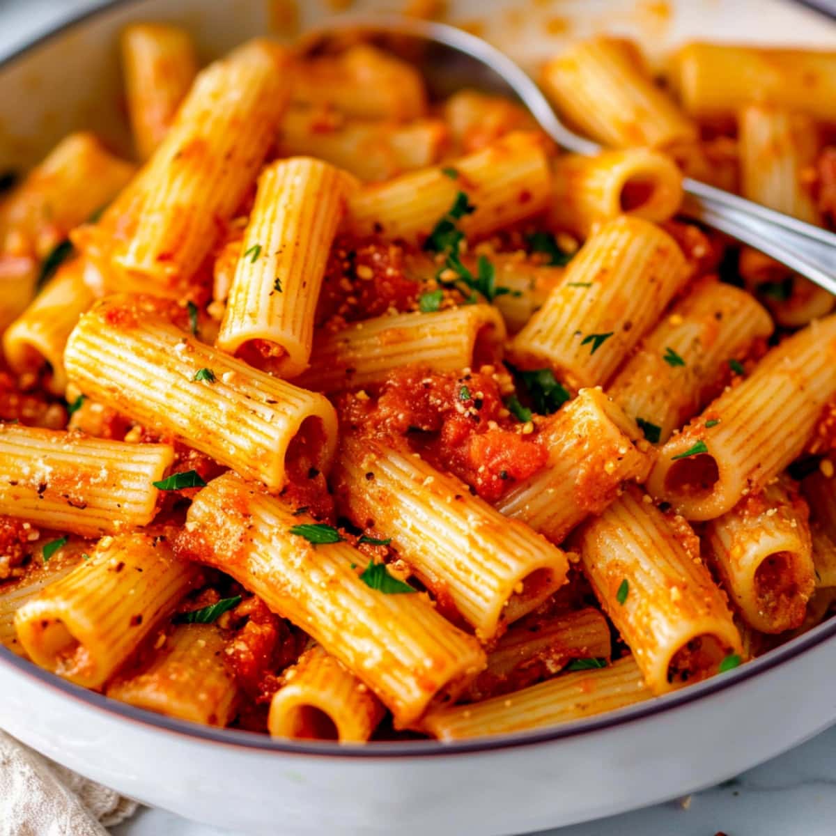 A skillet filled with rigatoni arrabbiata  with rich tomato sauce and red pepper flakes.