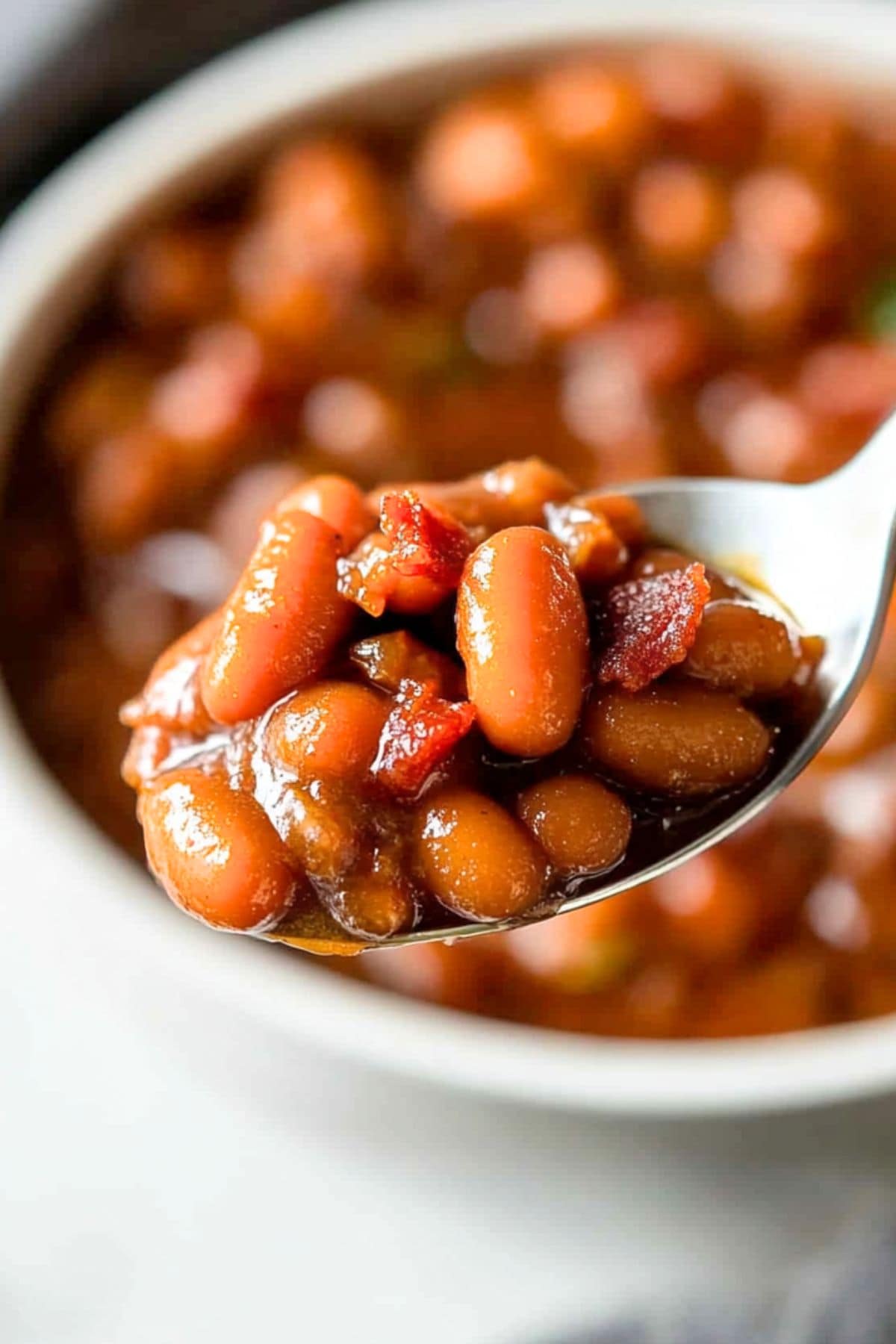 Spoonful of baked beans from a white bowl.