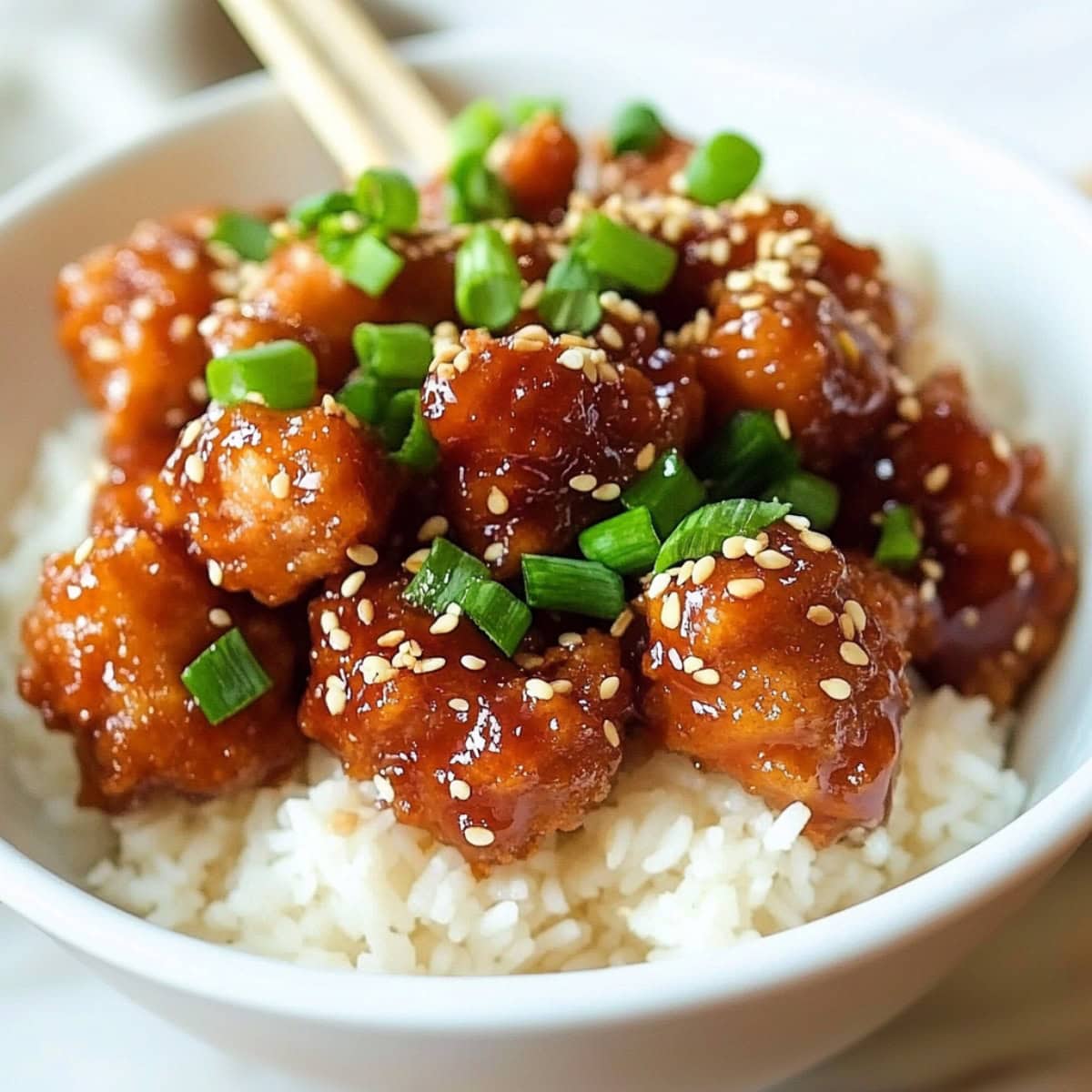 A bwol of crispy sesame chicken pieces coated in a glossy, sweet sauce, garnished with sesame seeds and green onions.