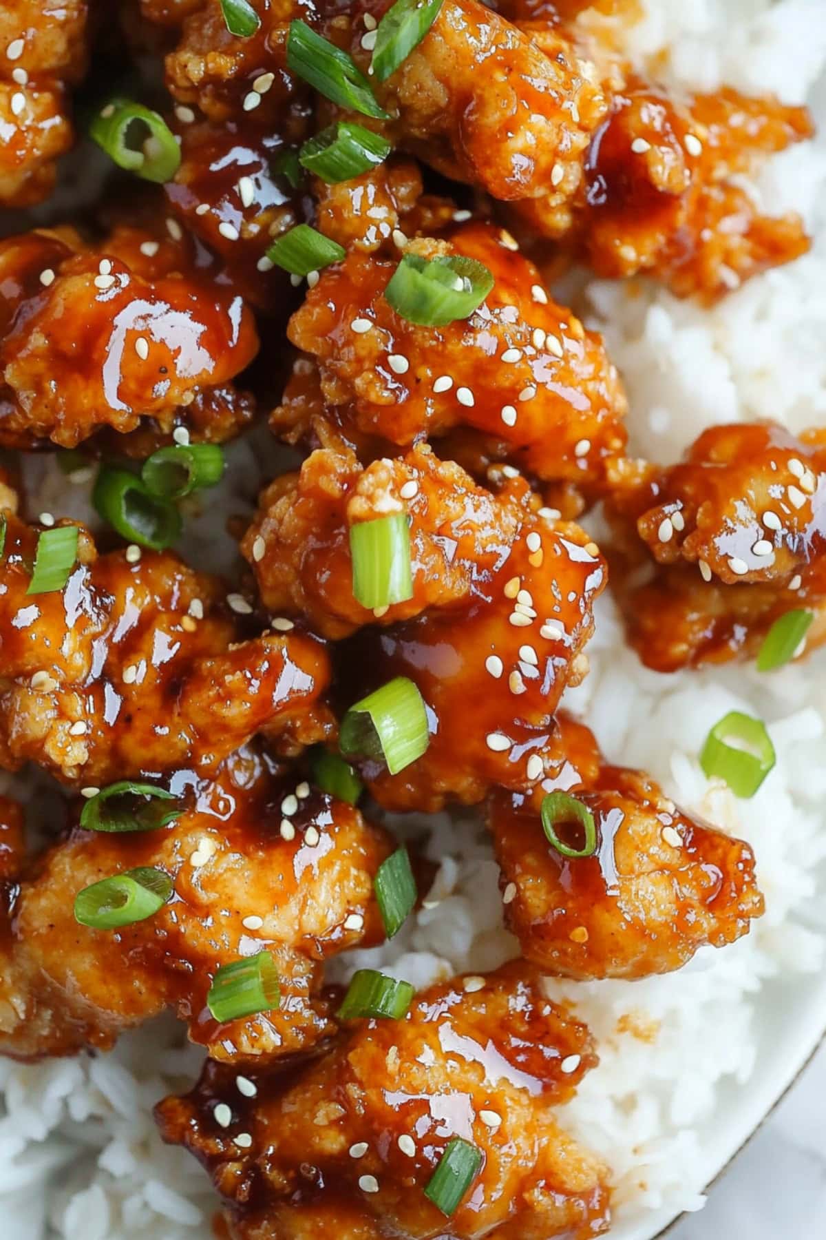 A close-up of sesame chicken with chopped onions, and served with rice.