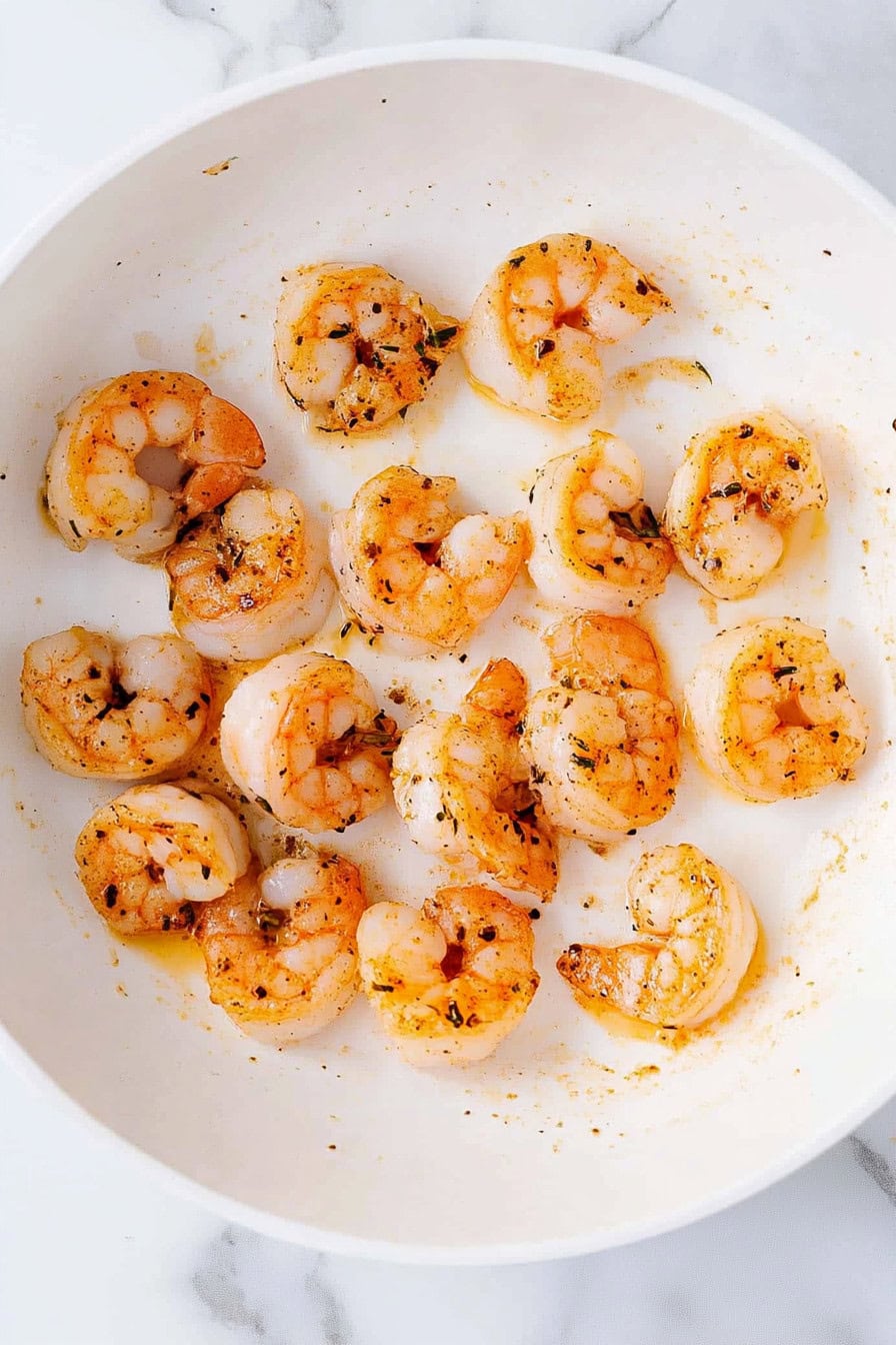 Homemade seared shrimp in a plate, overhead view.