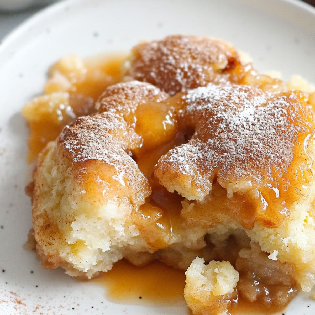 Serving of snickerdoodle cobbler in a white plate.