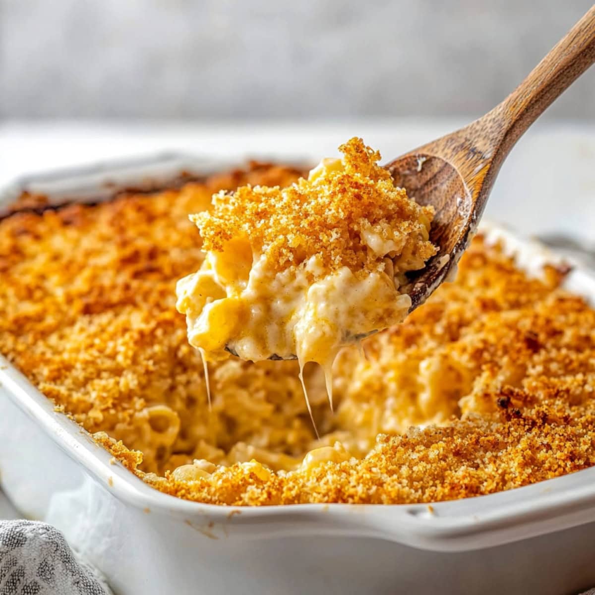 Spoon Scooping Mac and Cheese from a Baking Dish