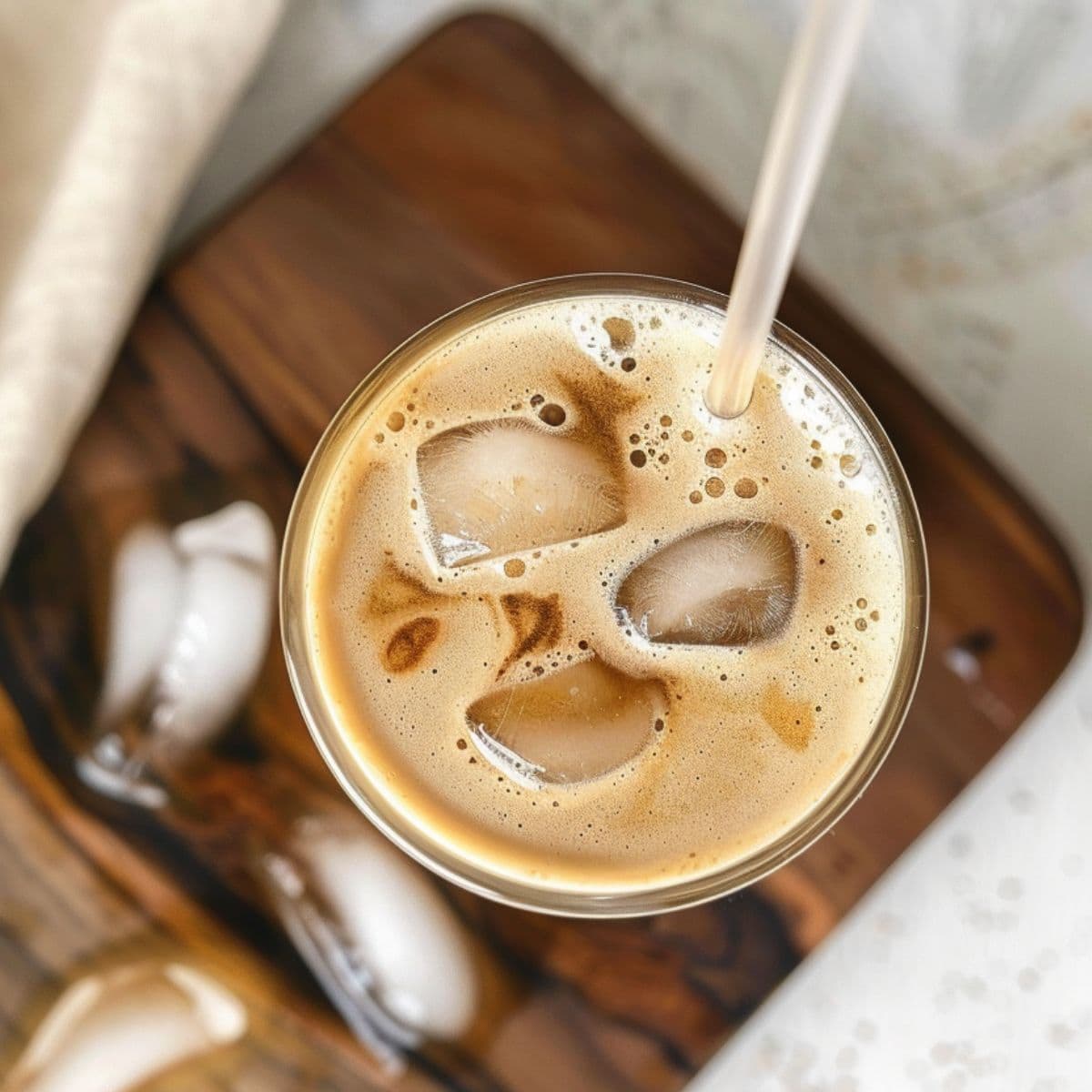 Top view of iced coffee in glass with glass straw.