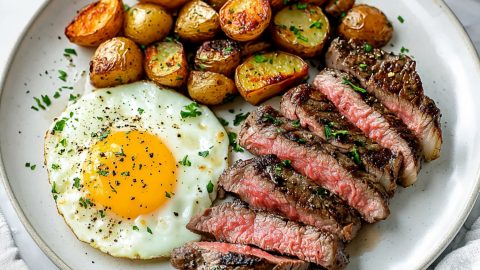 A delicious plate of steak and eggs breakfast, served with roasted potatoes.