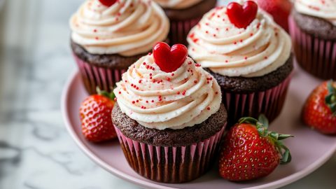 Valentine’s Day cupcakes topped with buttercream frosting swirls, heart sprinkles, and a small fondant heart.