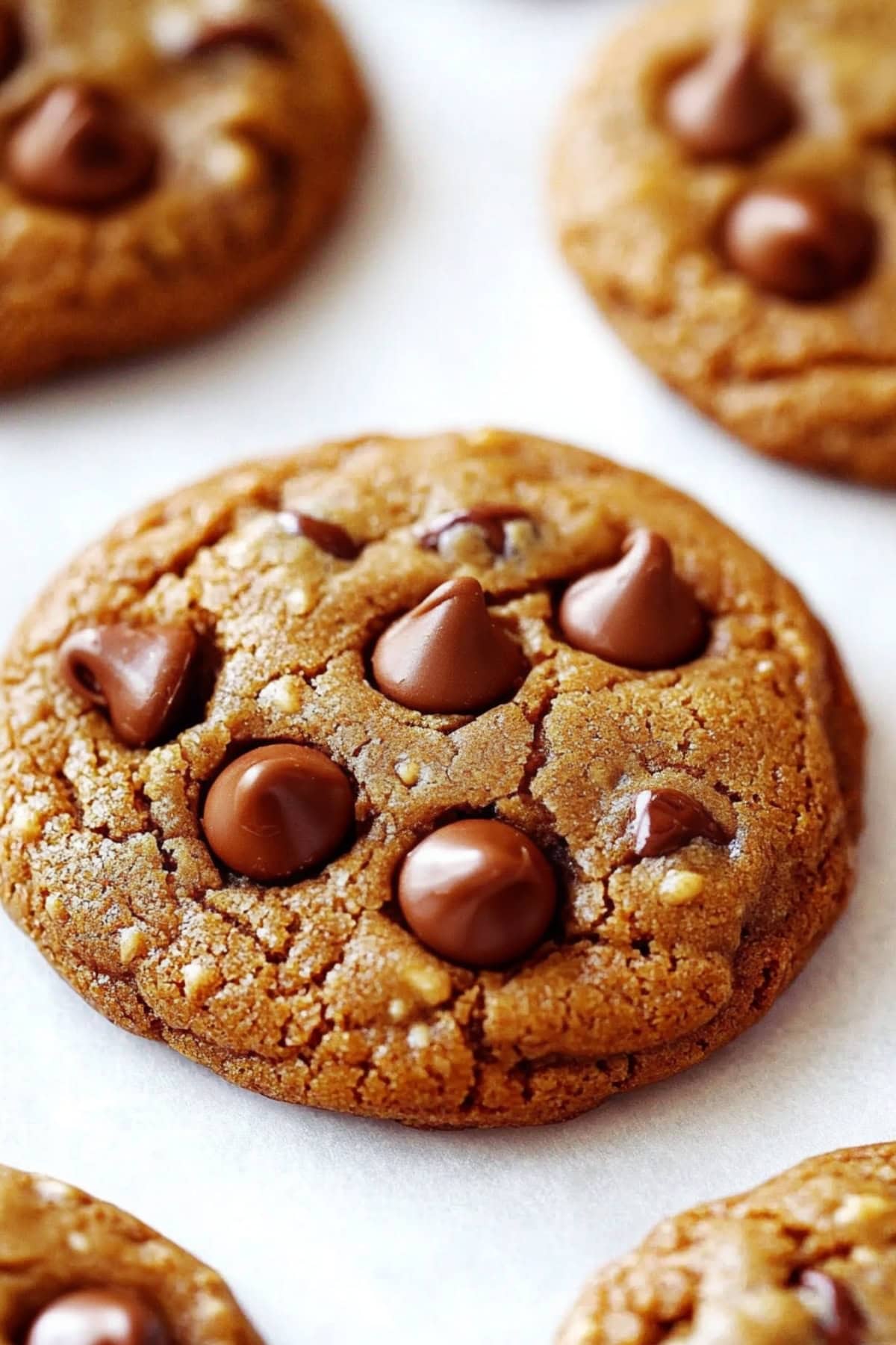 A close-up of almond butter cookies with chocolate chips.