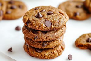 Homemade almond butter cookies with chocolate chips stacked on a parchment paper.