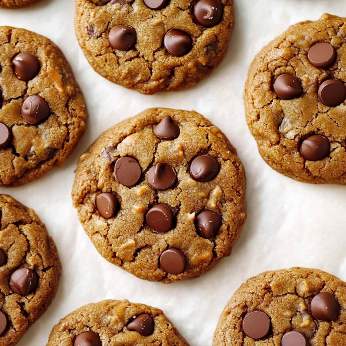 Soft and chewy homemade almond butter cookies with chocolate chips, overhead view.