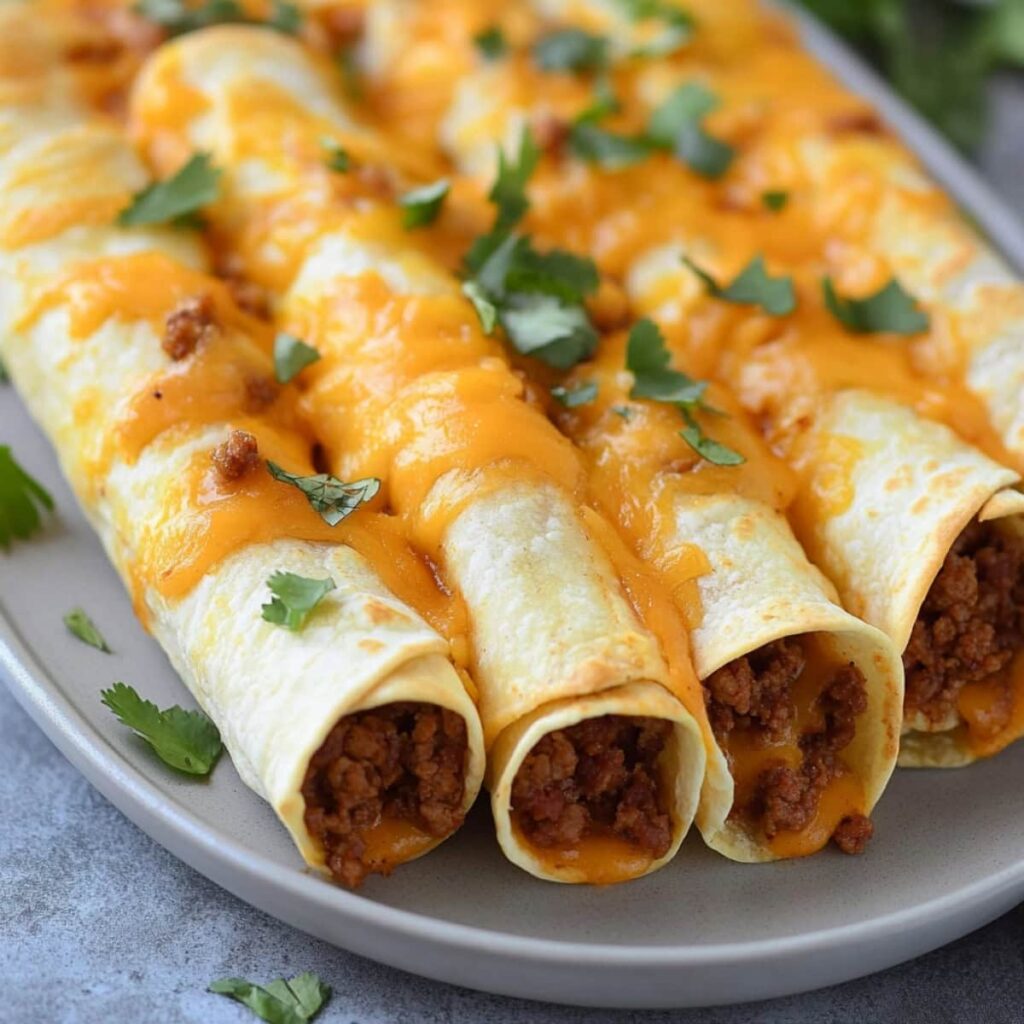 Rolled corn tortilla with seasoned ground beef filling covered with melted cheese served in a white plate.