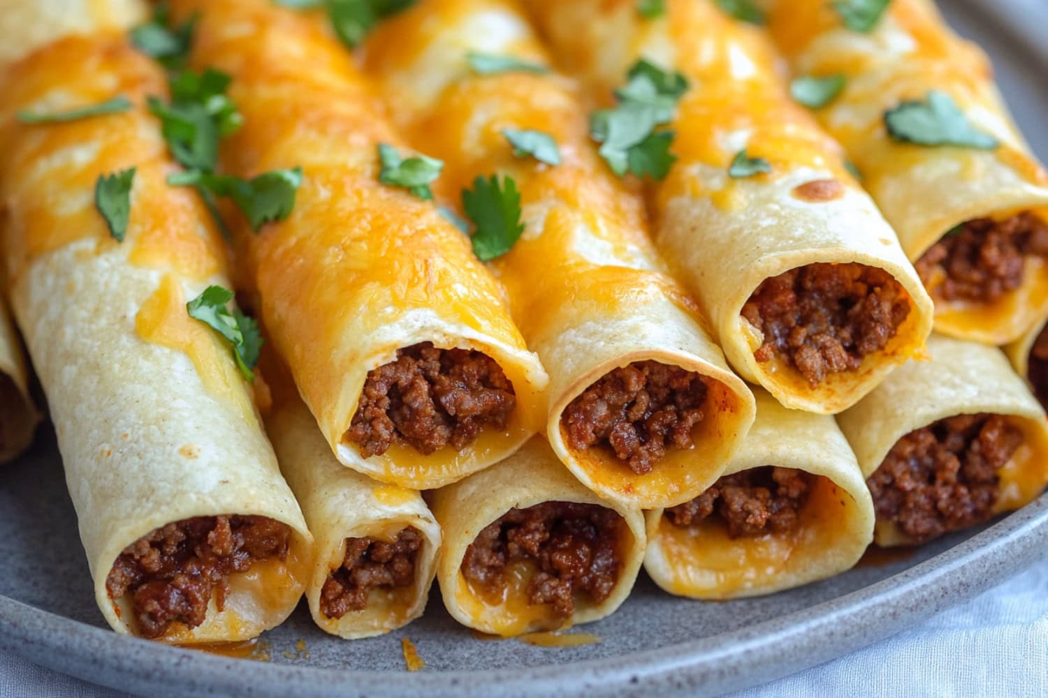 Bunch of beef taquitos wrapped in corn tortilla served in a white plate covered with melted cheddar cheese.