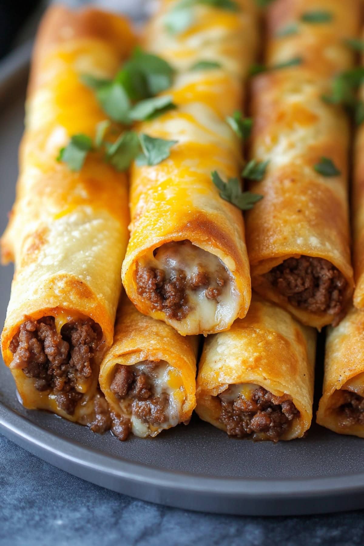 Bunch of seasoned ground beef wrapped in corn tortilla with melted cheese on top served in a blue plate.