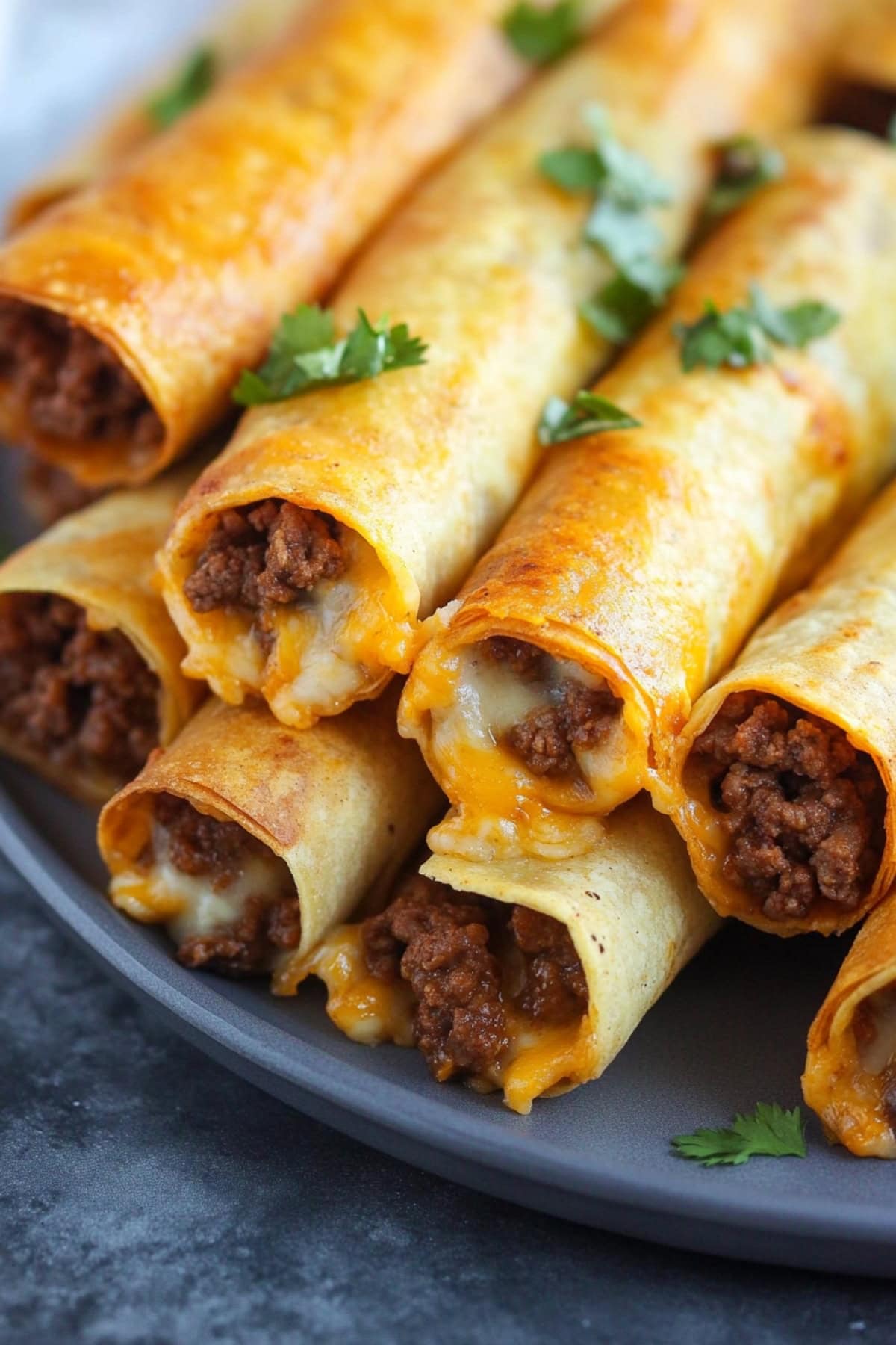 Beef taquitos made with rolled corn tortillas filled with ground beef served in a white plate.