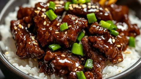 Beef teriyaki with sprinkle of sesame seeds and chopped onions served on top of white rice.