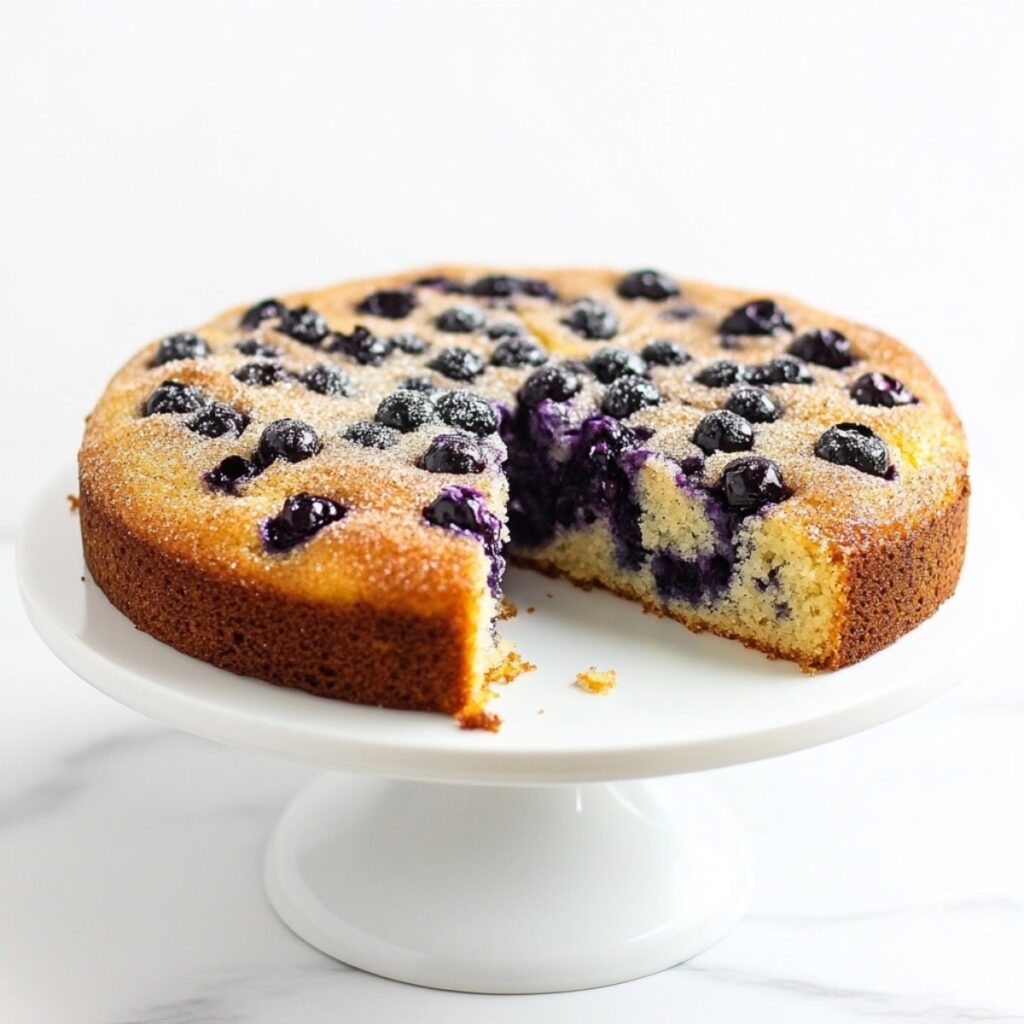 A cake stand with a blueberry buttermilk cake with a portion removed