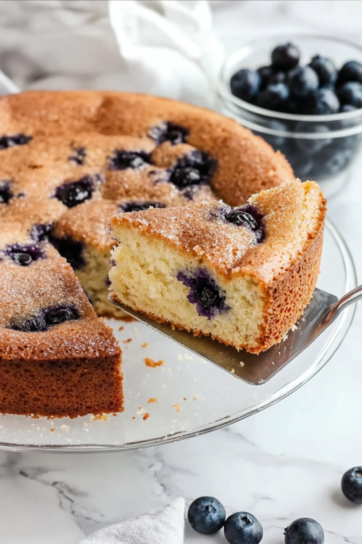 Freshly baked blueberry buttermilk cake with light and fluffy texture.