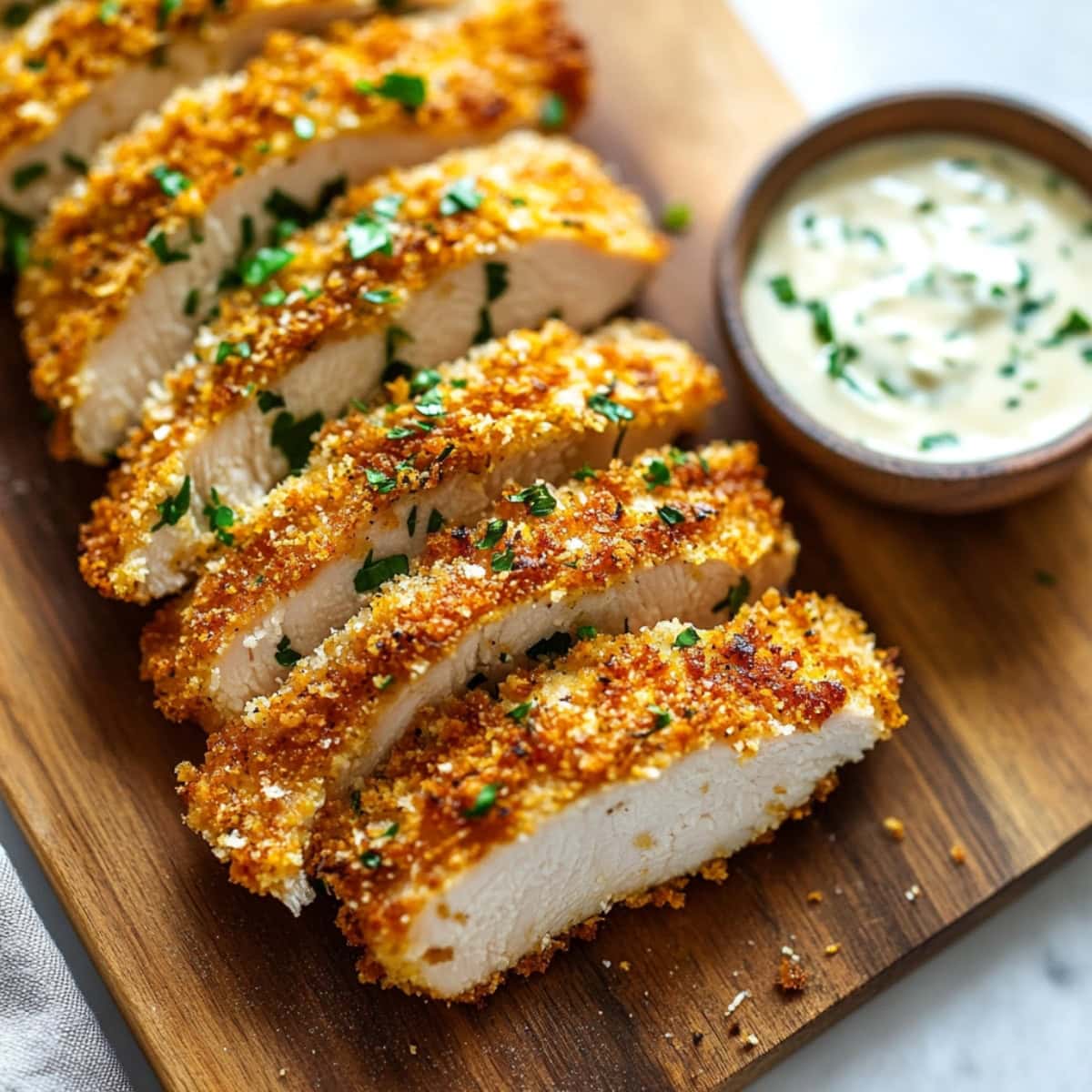 Breading coated sliced chicken sitting on a wooden board served with dip. 