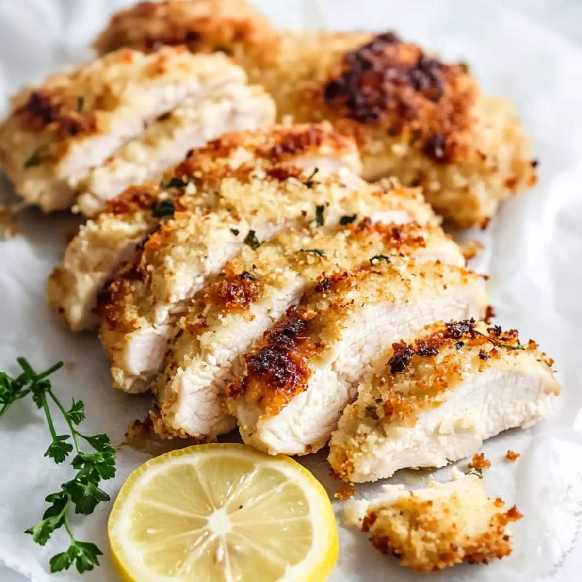 Breading coated sliced chicken breast o a white parchment paper sprinkled with chopped parsley.