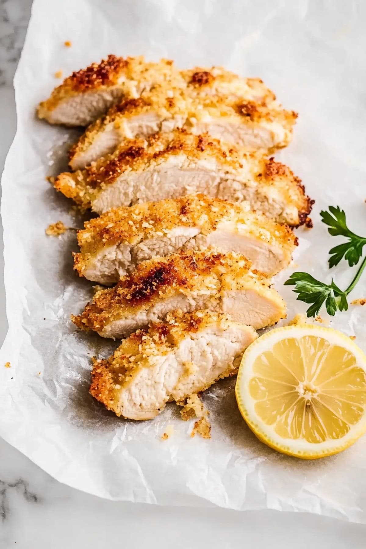 Sliced breaded panko chicken sitting on a white parchment. 