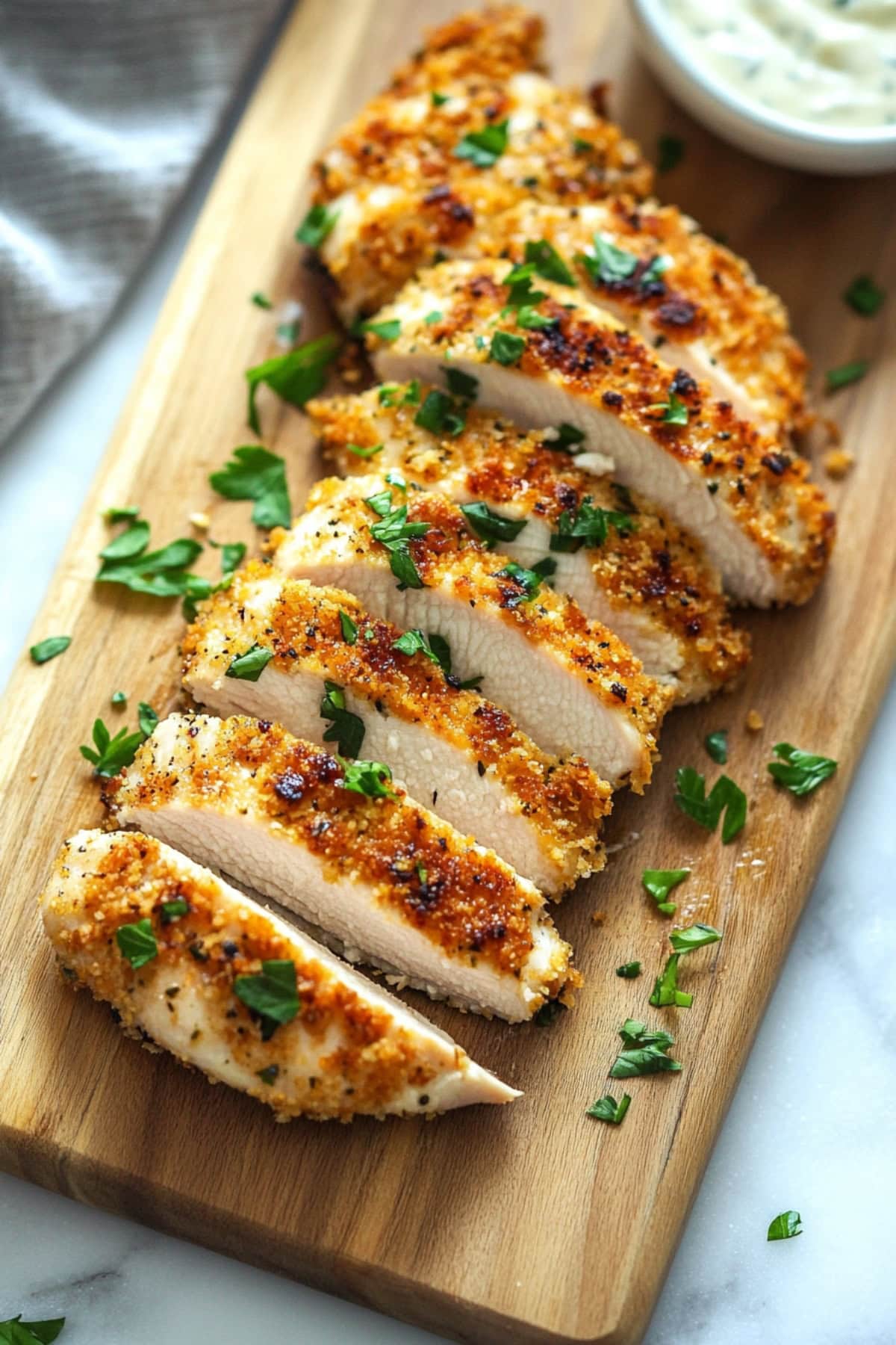 Sliced breaded chicken sitting on a wooden chopping board.