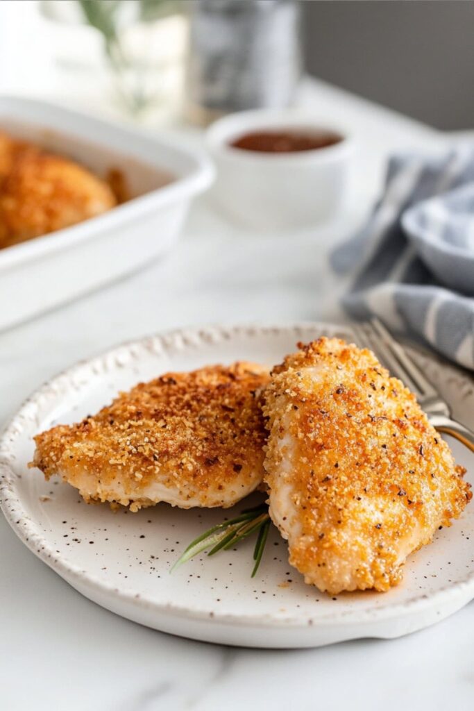 Breaded chicken served in a white plate.