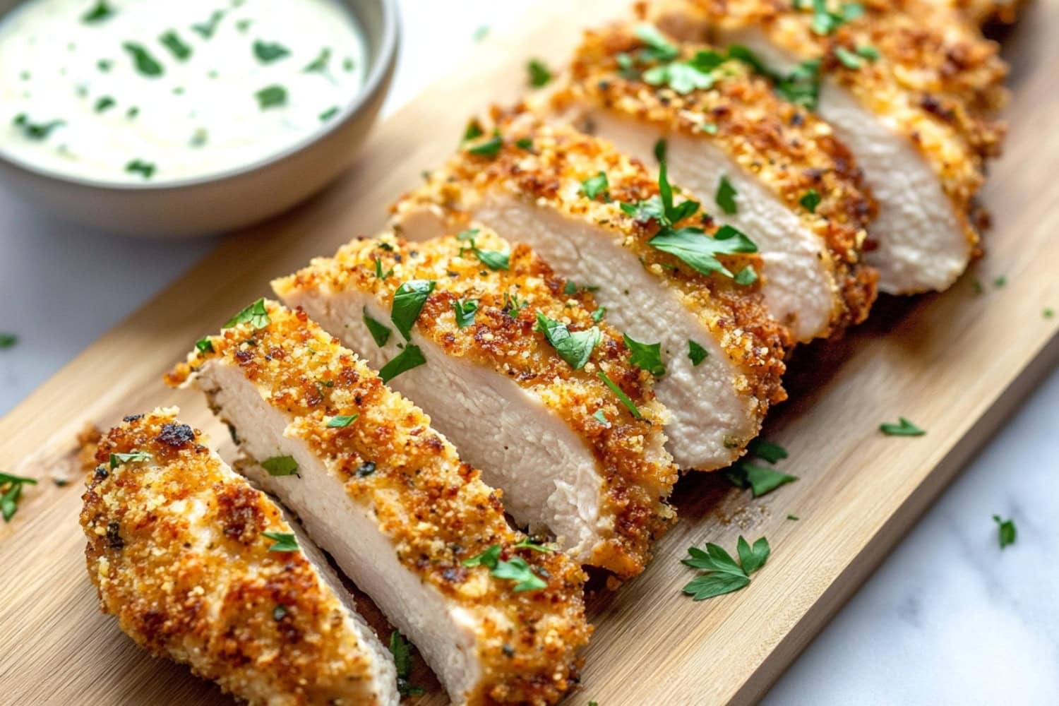 Sliced breaded panko chicken in a wooden board garnished with chopped parsley.