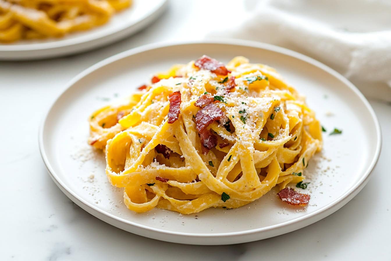 Creamy butternut squash pasta carbonara serving in a white plate.