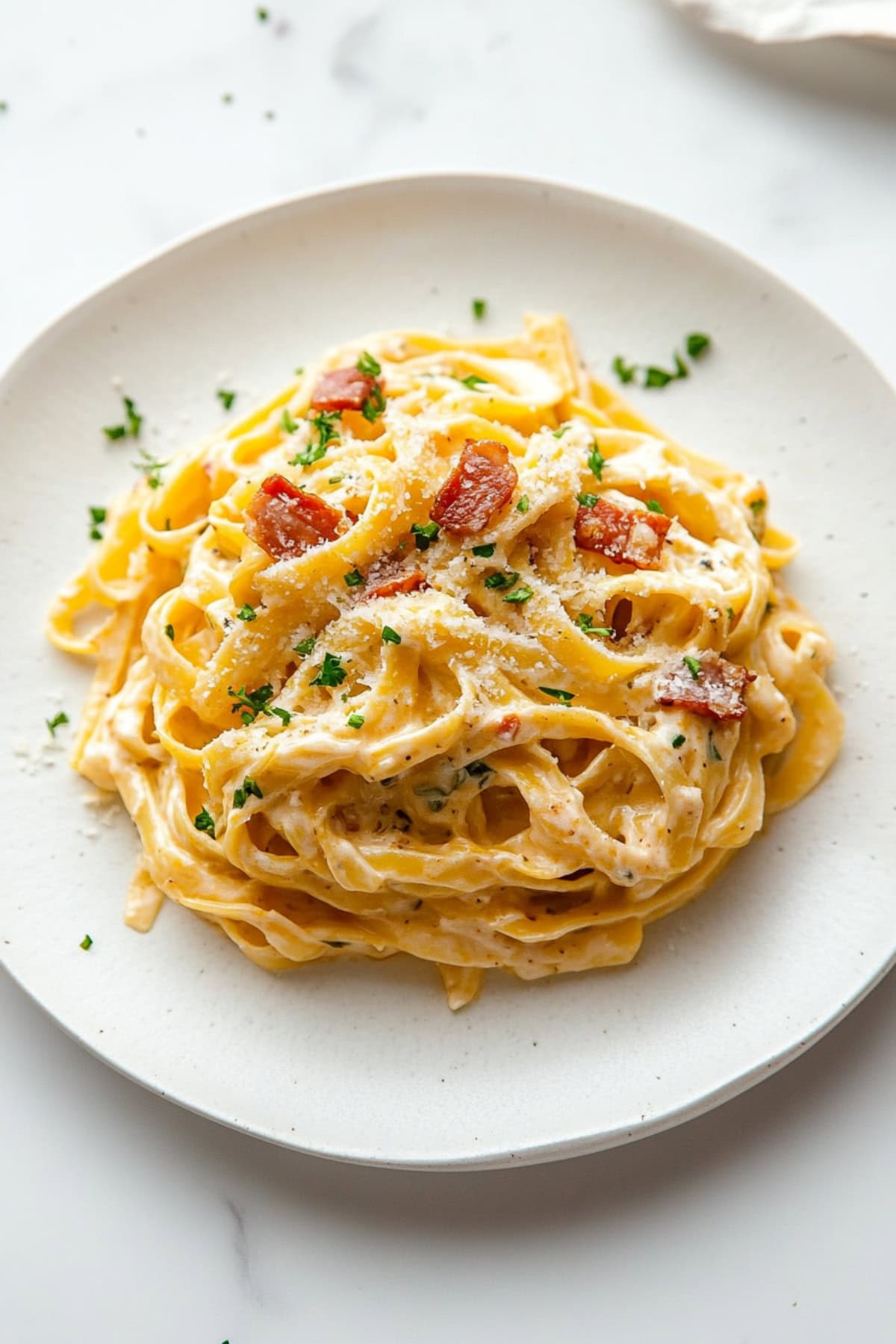 A serving of butternut squash carbonara with chopped bacon served in a white plate.