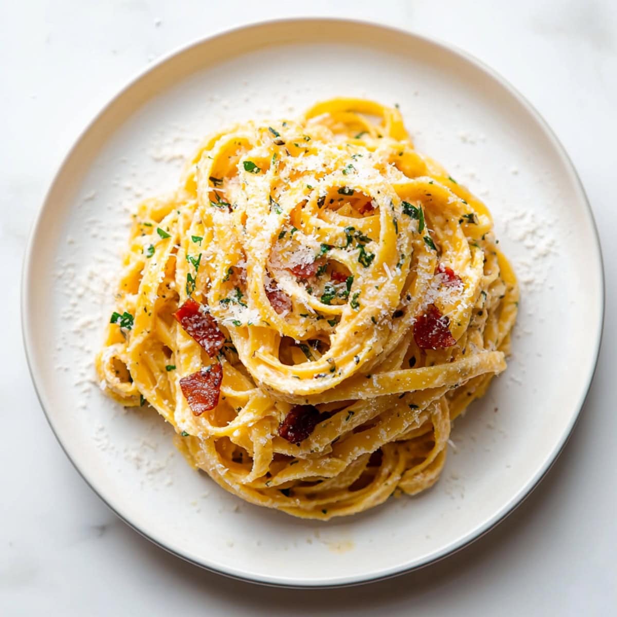 Butternut squash carbonara on a white plate garnished with chopped parsley, top view