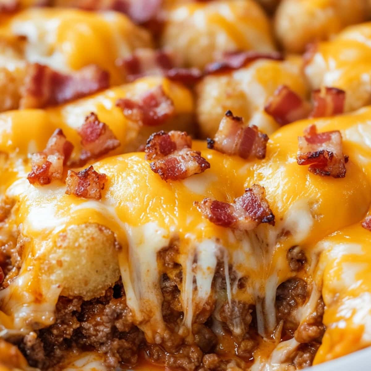 Closeup of ground beef and tater tot casserole topped with melty cheese and bacon bits