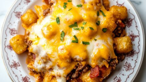 Cheeseburger tater tot casserole serving in a plate with melted gooey cheese.