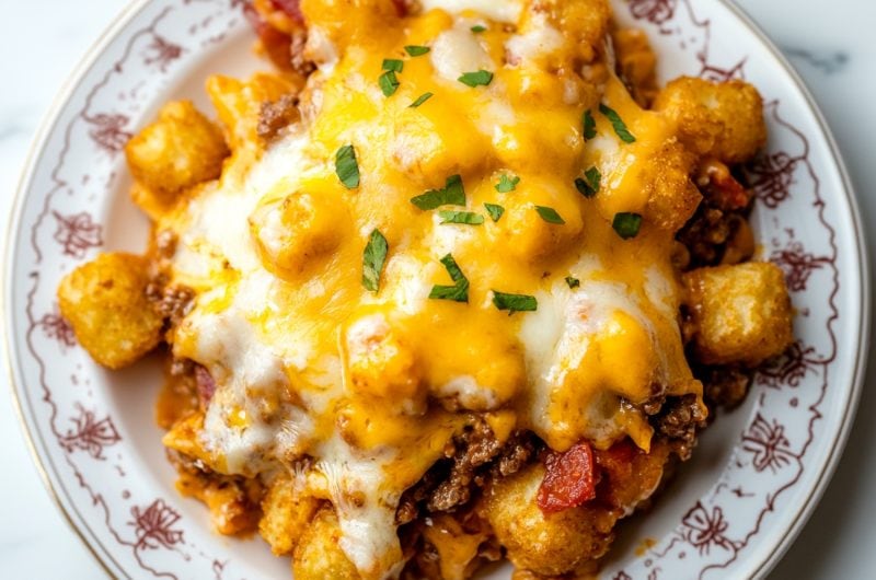 Cheeseburger tater tot casserole serving in a plate with melted gooey cheese.