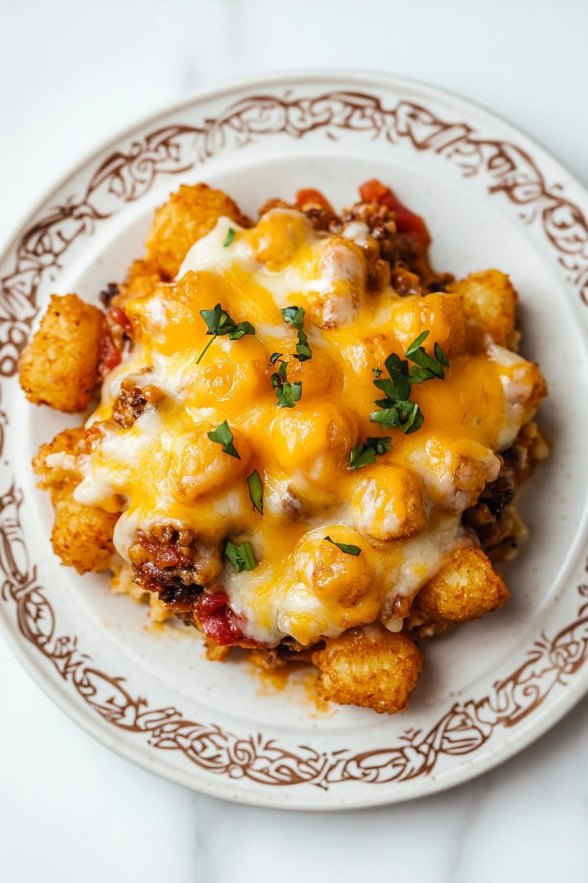 A serving of cheeseburger tater tot casserole on a plate, top view